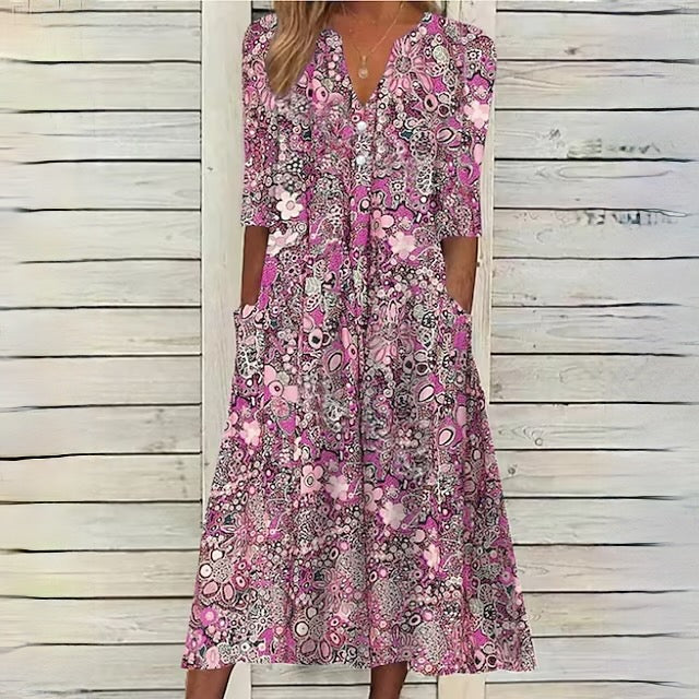 CD | Rochie florală cu decolteu în V și buzunare laterale