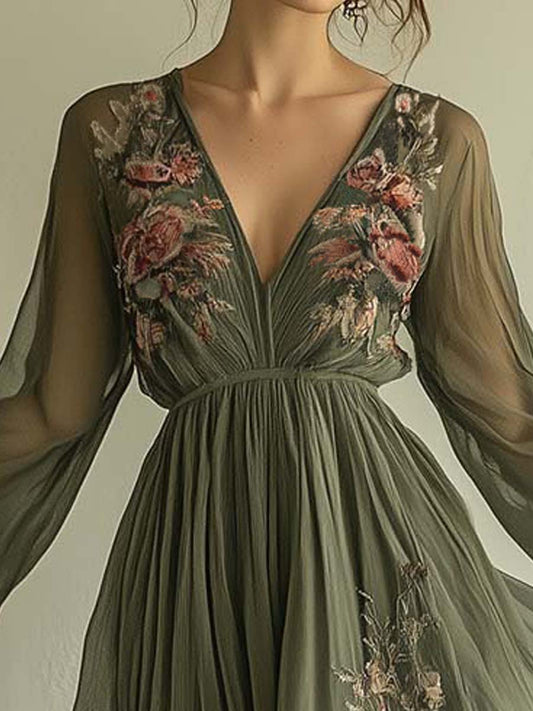 CD | Popular florale imprimare V-Neck Maxi rochie