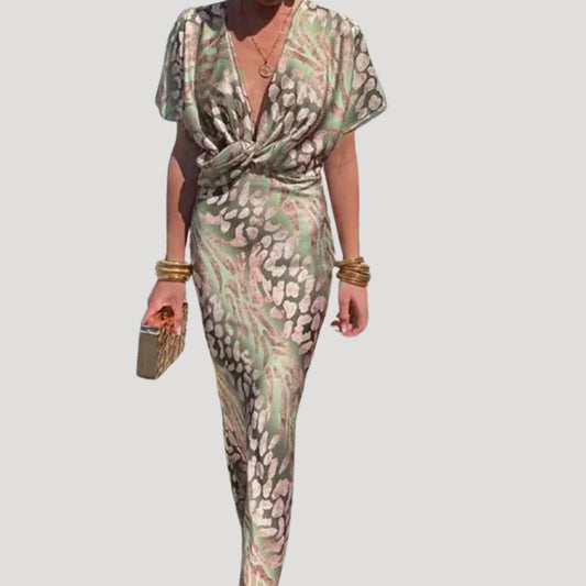CD | Ladies verde satin midi cocktail ocazie imprimare rochie